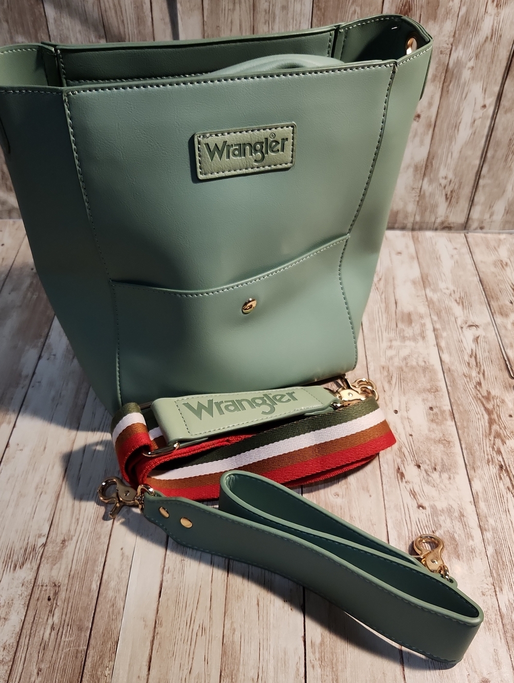 Wrangler Sage Green Shoulder Tote with Striped Removable Strap